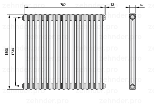 Схема (чертеж) Радиатор Zehnder Charleston 2180/17 №1270 Белый глянцевый RAL 9016